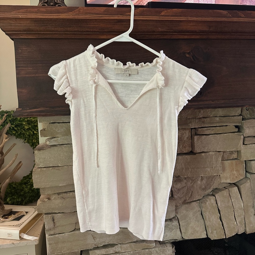 LOFT White Flutter Sleeve Ruffled Blouse